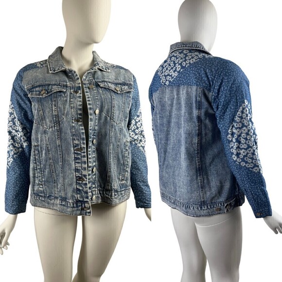 Avec Les Filles Women Size XL Floral Quilted Patchwork Denim NEW Jean Jacket